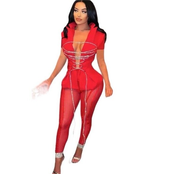 Sexy Red Two Piece Sheer Pants Set Size XL Club Party Date Stretch Leggings Top - Picture 3 of 3